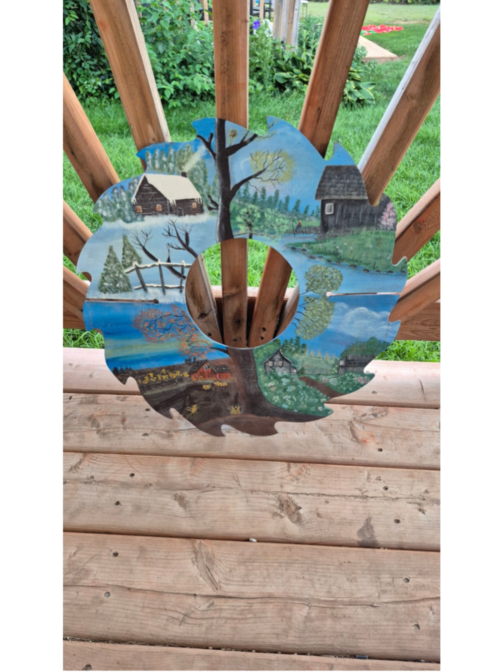Vintage 20" Hand Painted Wooden Saw Blade Wall Art - Four Seasons Cabins Rustic
